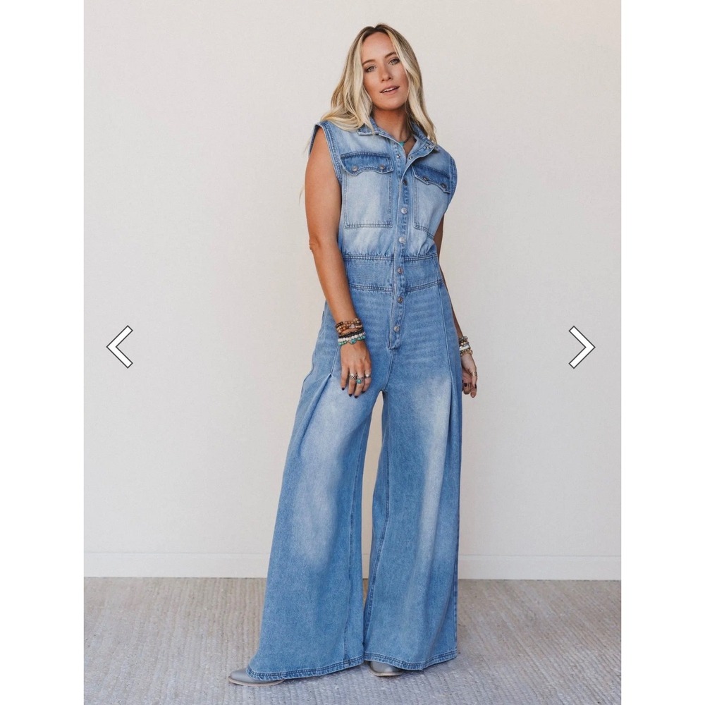 Bucket List Womens Denim Jumpsuit Light Wash Sleeveless Wide Leg Culotte Large